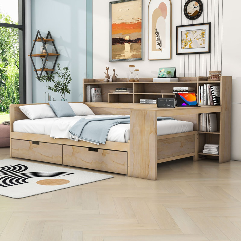 Dalainey Wood Daybed with Drawers Desk and Shelves Lark Manor Color Natural Size Full
